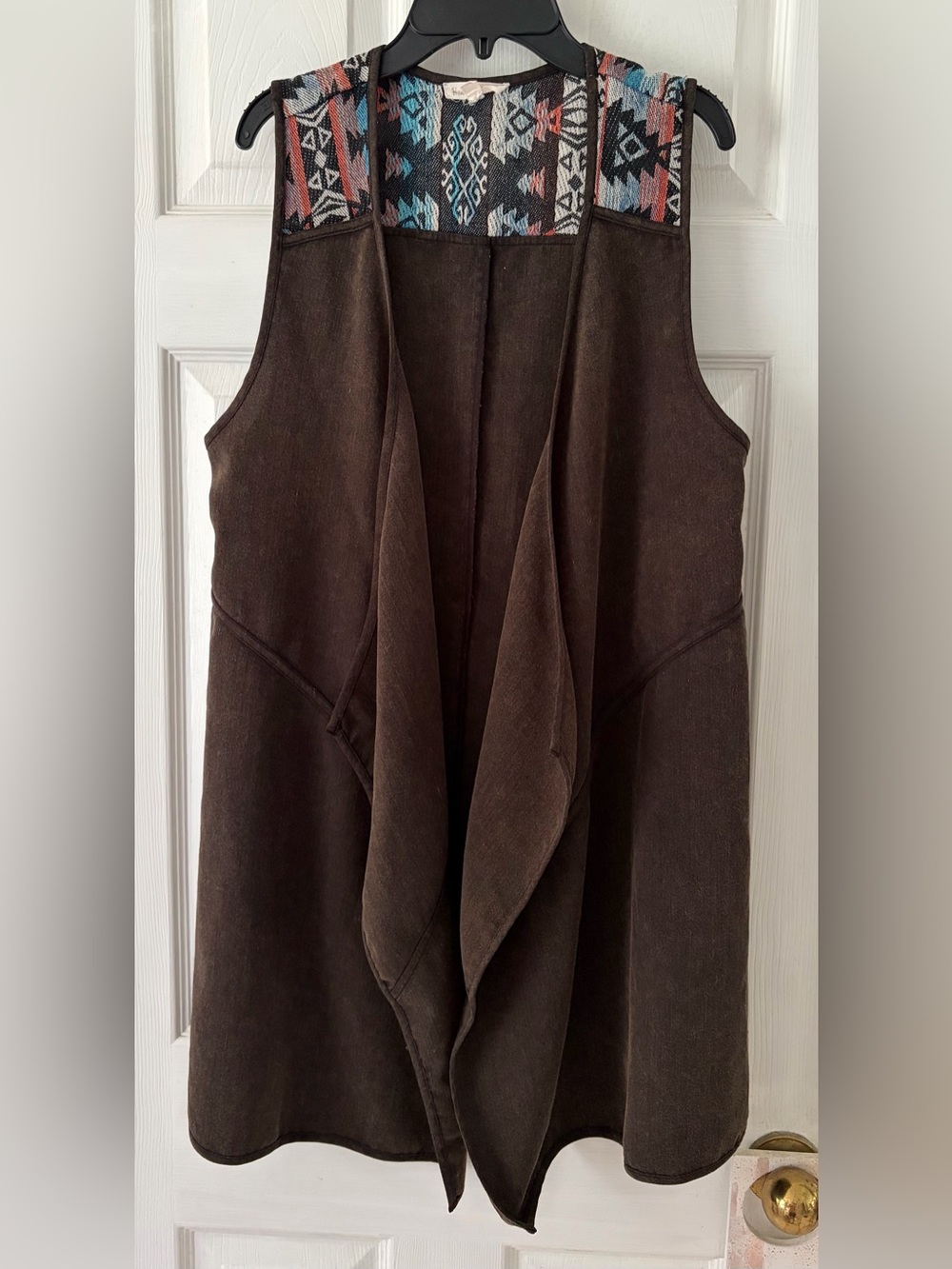 Hem & Thread Gray Open-Front Vest with Aztec Trim